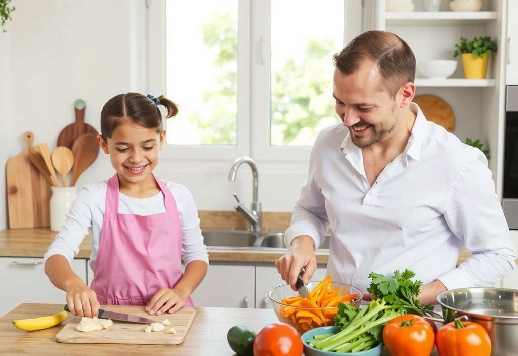 Rodič a dítě připravující zdravé jídlo spolu v kuchyni