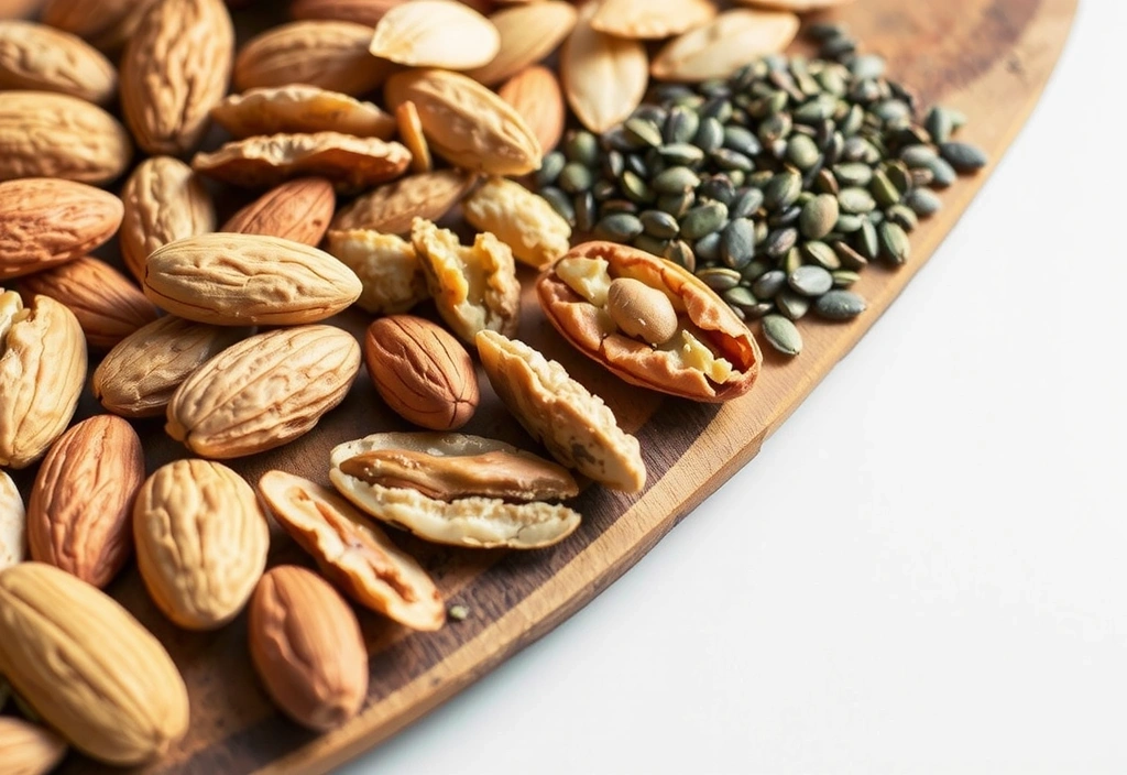 Tři druhy ořechů a semínek na dřevěné desce