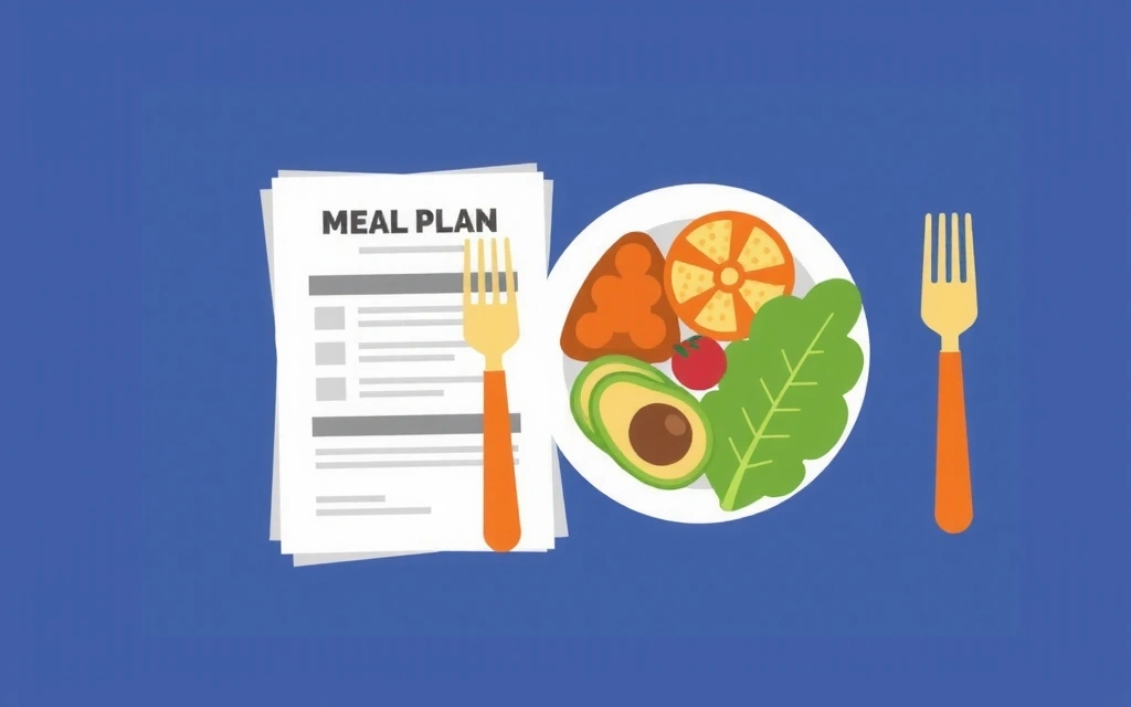 Ilustrace talíře s vyváženým jídlem a plánem jídelníčku.