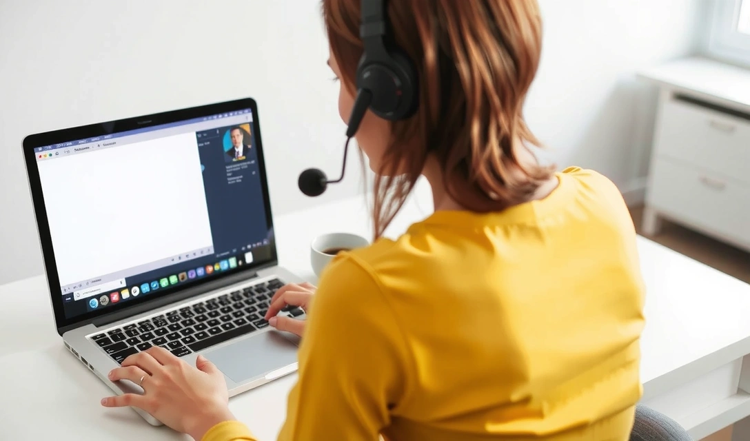 Osoba připravující se na online hovor s notebookem a sluchátky