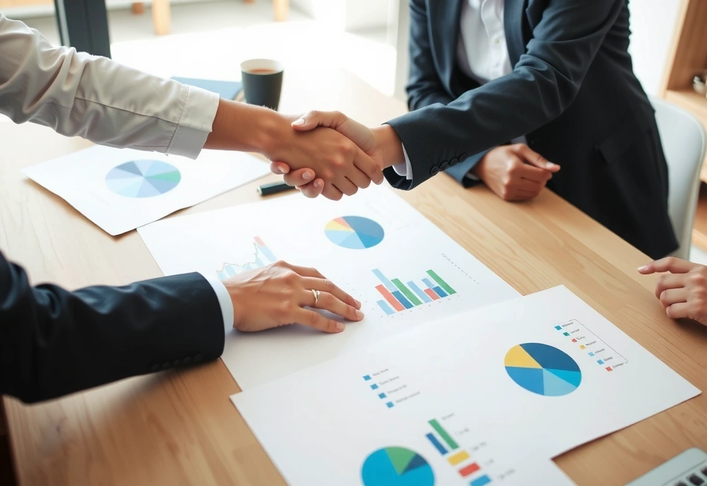 Dvě osoby si podávají ruce nad tabulkou s daty